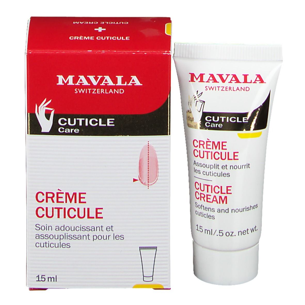 Crème Cuticule Mavala et emballage. Boîte rouge, tube blanc. 15 ml.