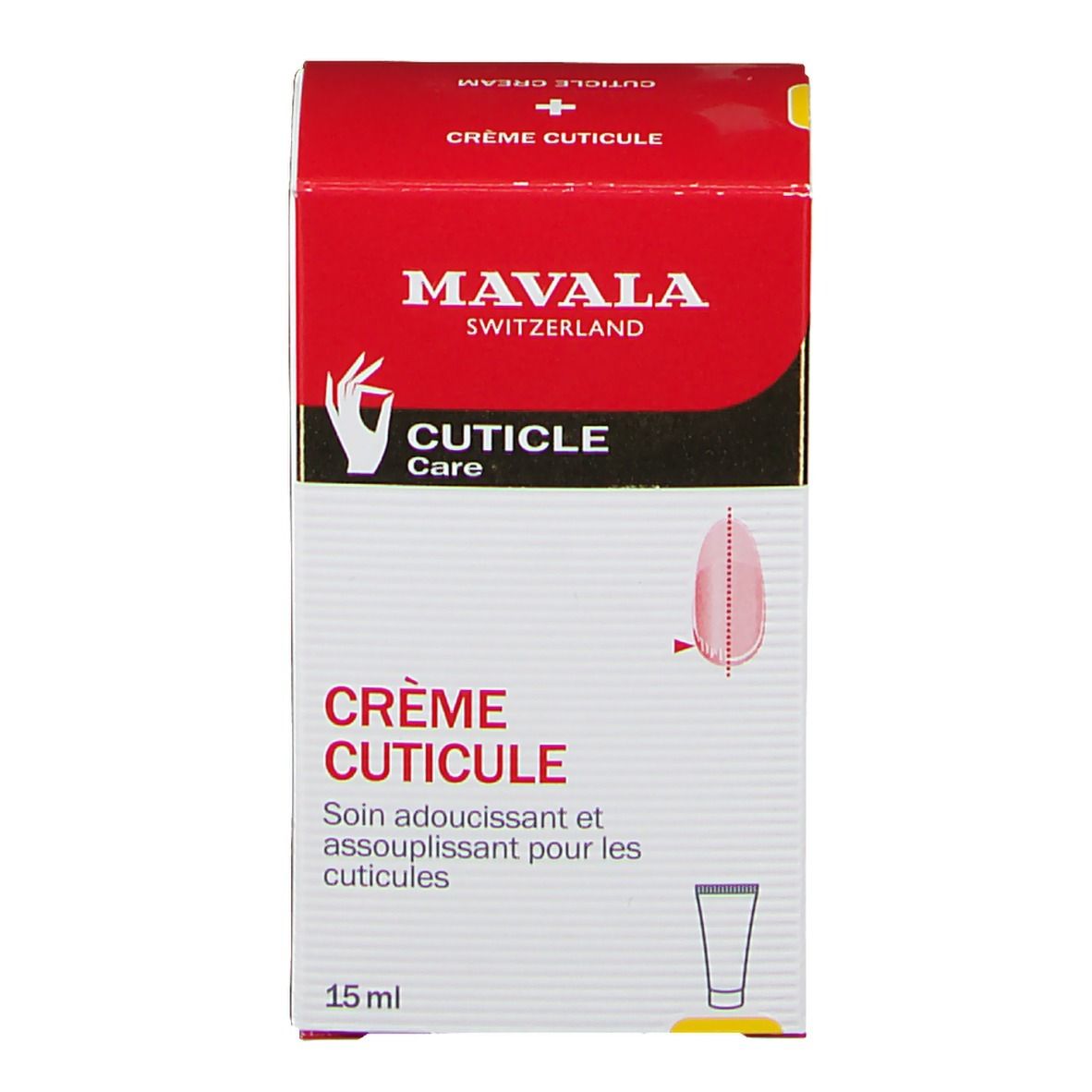 Boîte rouge avec texte blanc: Mavala Cuticle Care. 15 ml. Illustration produit.