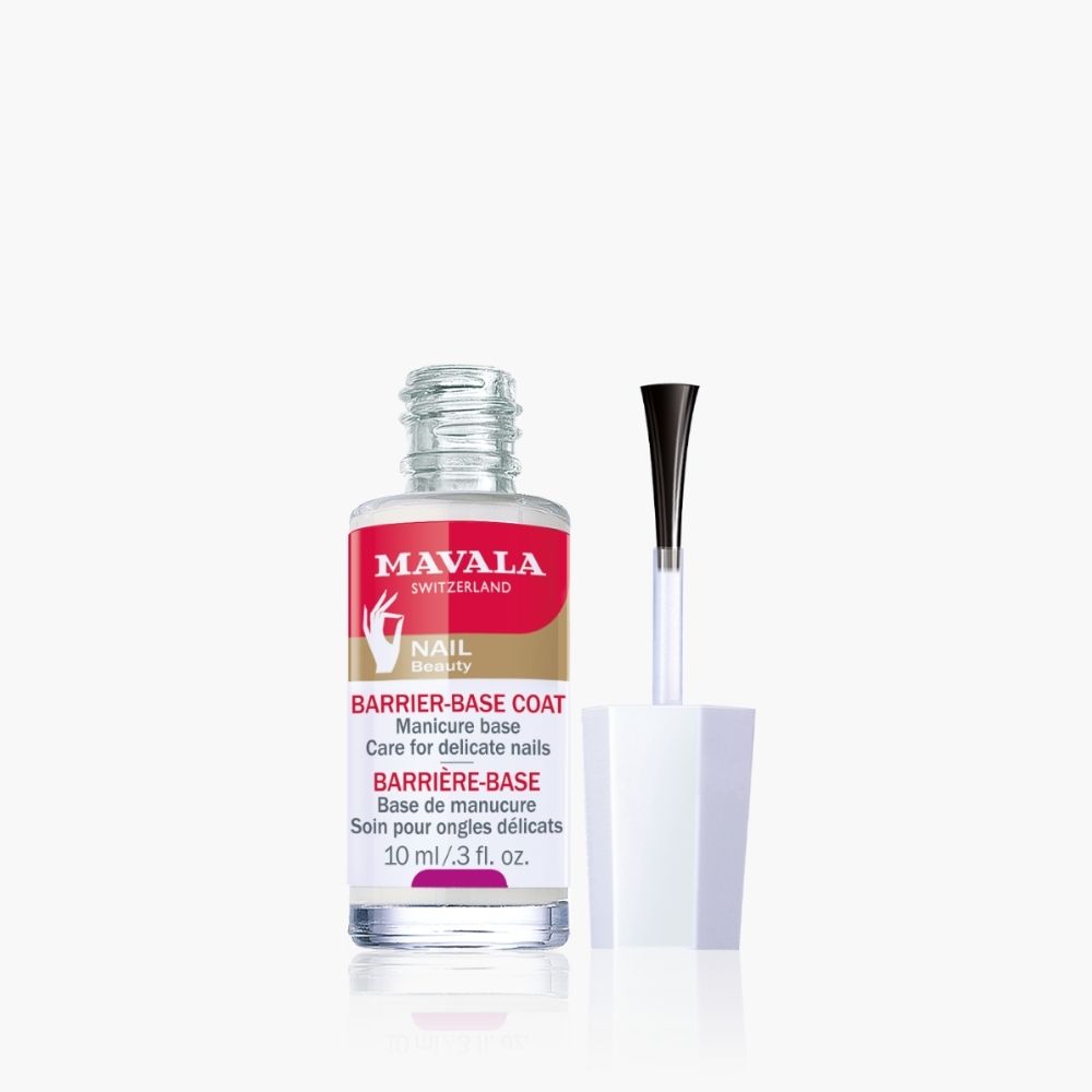 Mavala-Barriere-Basis Nagellackflasche mit Pinsel. Aufschrift: BARRIERE-BASE, 10 ml/0.3 fl. oz.