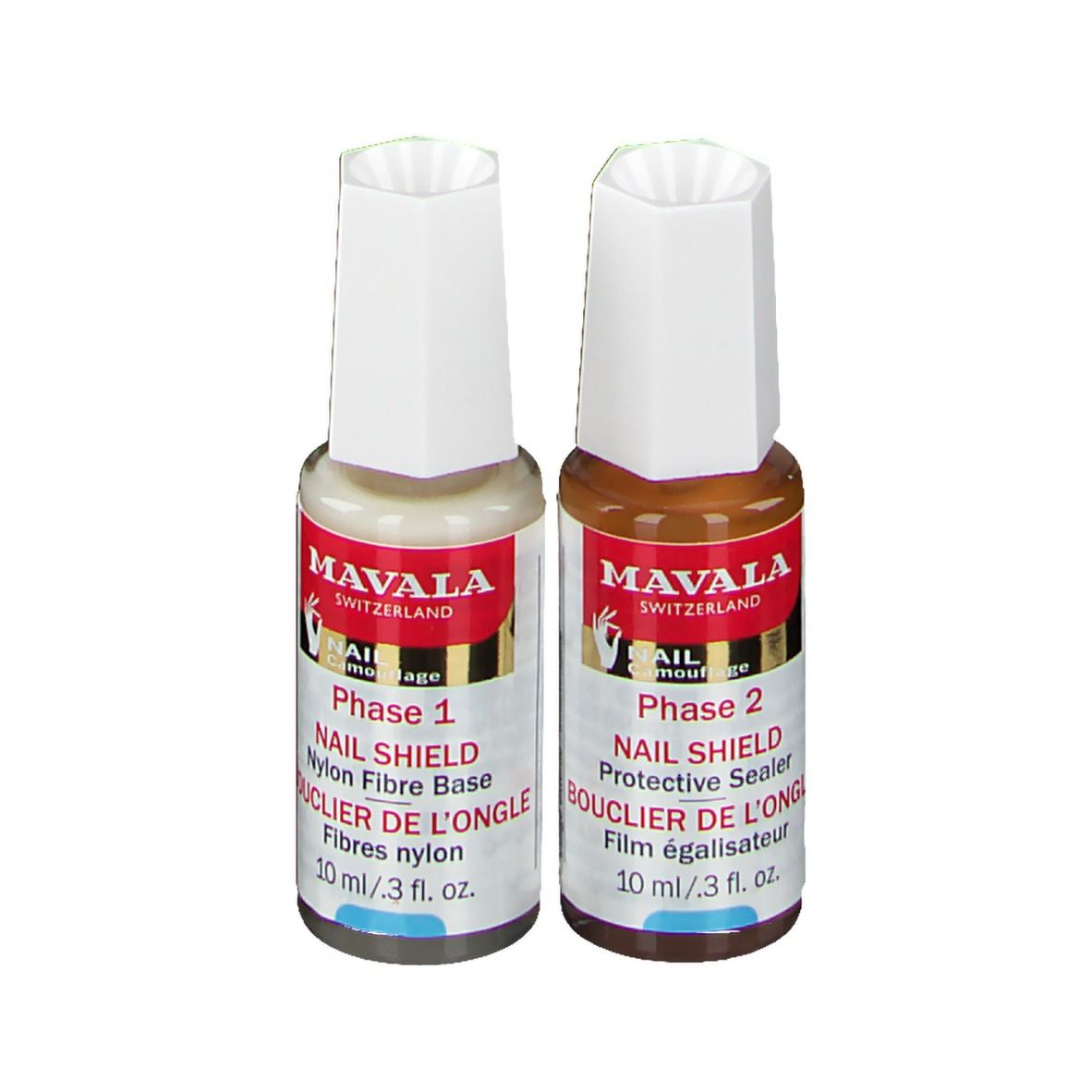 Deux flacons Mavala Nail Shield. Phase 1: Base fibre nylon. Phase 2: Scellant protecteur. Liquides blanc et brun.