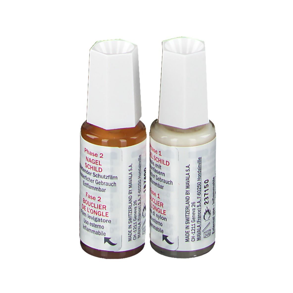 Deux flacons Mavala Nail Shield. Phase 2: Scellant protecteur. Liquide brun. Phase 1: Base fibre nylon. Bouchons blancs.