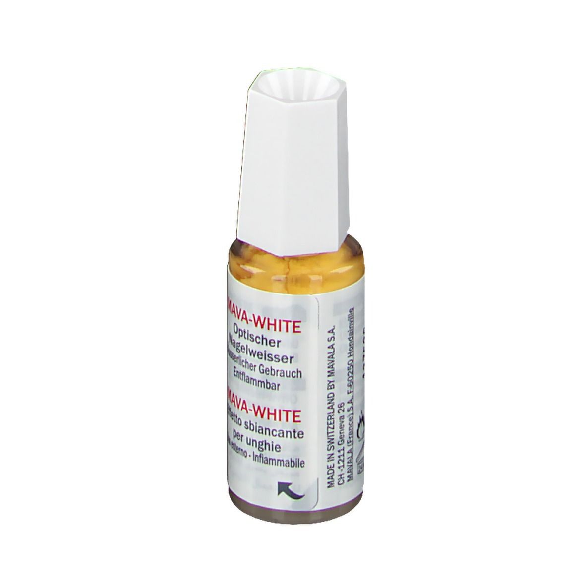 Mava-Weiß de Mavala. Blanchisseur optique pour ongles. Flacon avec bouchon blanc. Étiquette avec nom et logo.