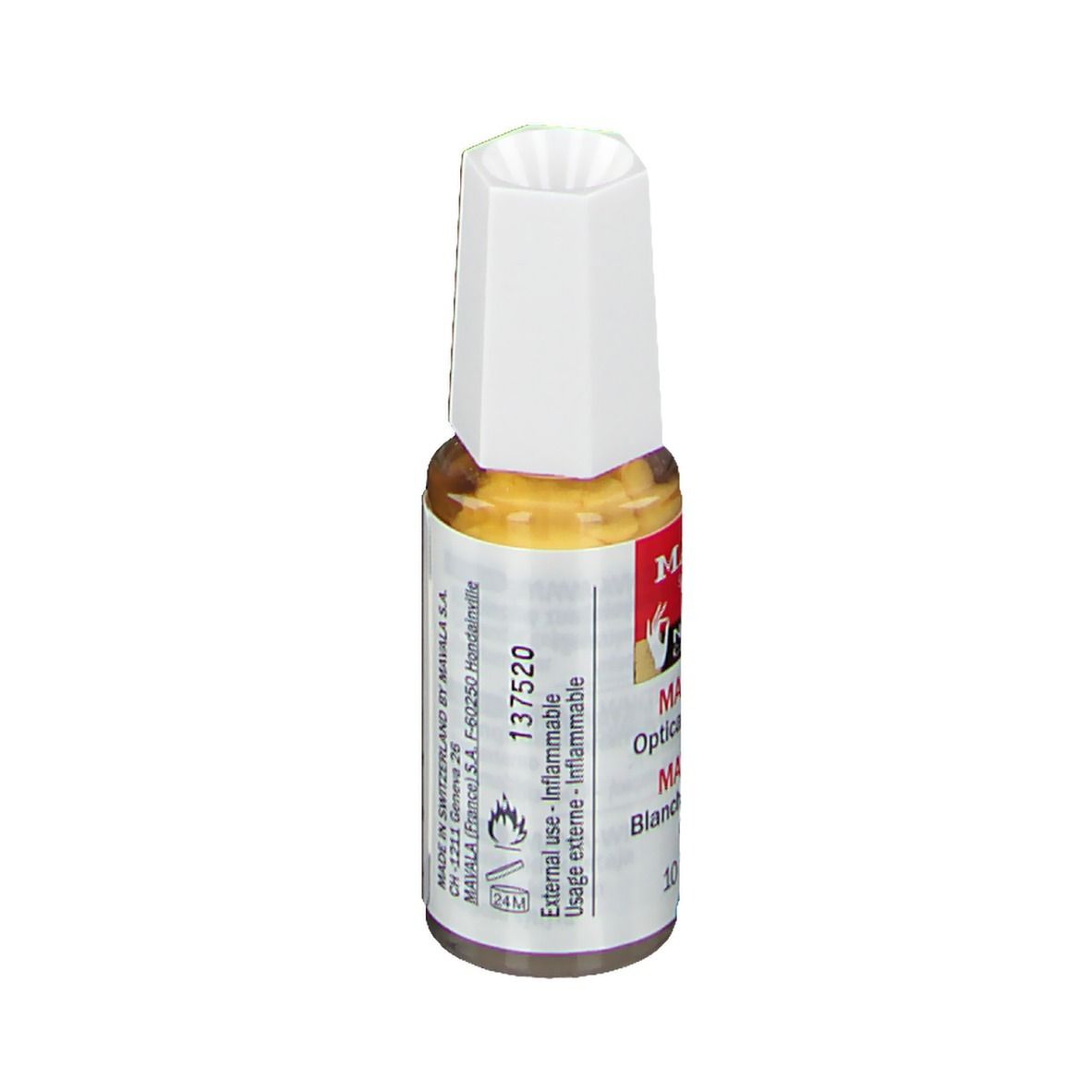 Mava-Weiß de Mavala. Blanchisseur optique pour ongles. Flacon avec bouchon blanc. Étiquette avec nom et logo.