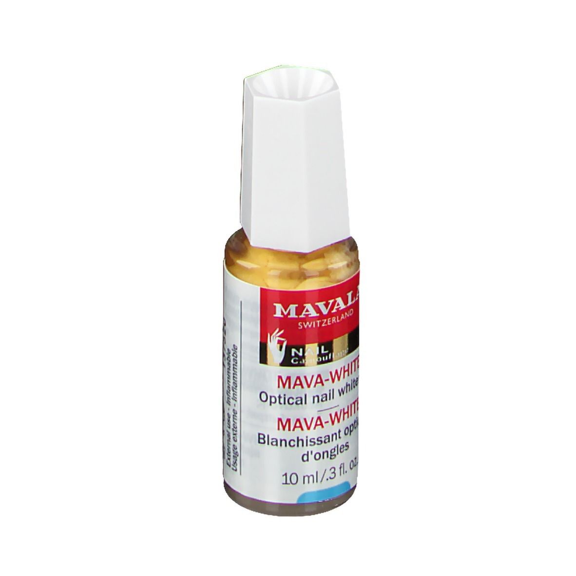 Mava-Weiß de Mavala. Blanchisseur optique pour ongles. Flacon avec bouchon blanc. Étiquette avec nom et logo.