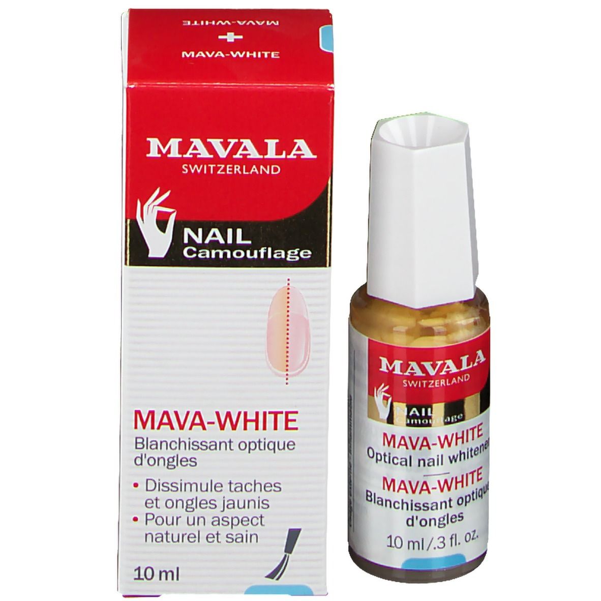 Mava-Weiß de Mavala. Kit camouflage pour ongles. Flacon et emballage. Emballage rouge avec nom et logo.