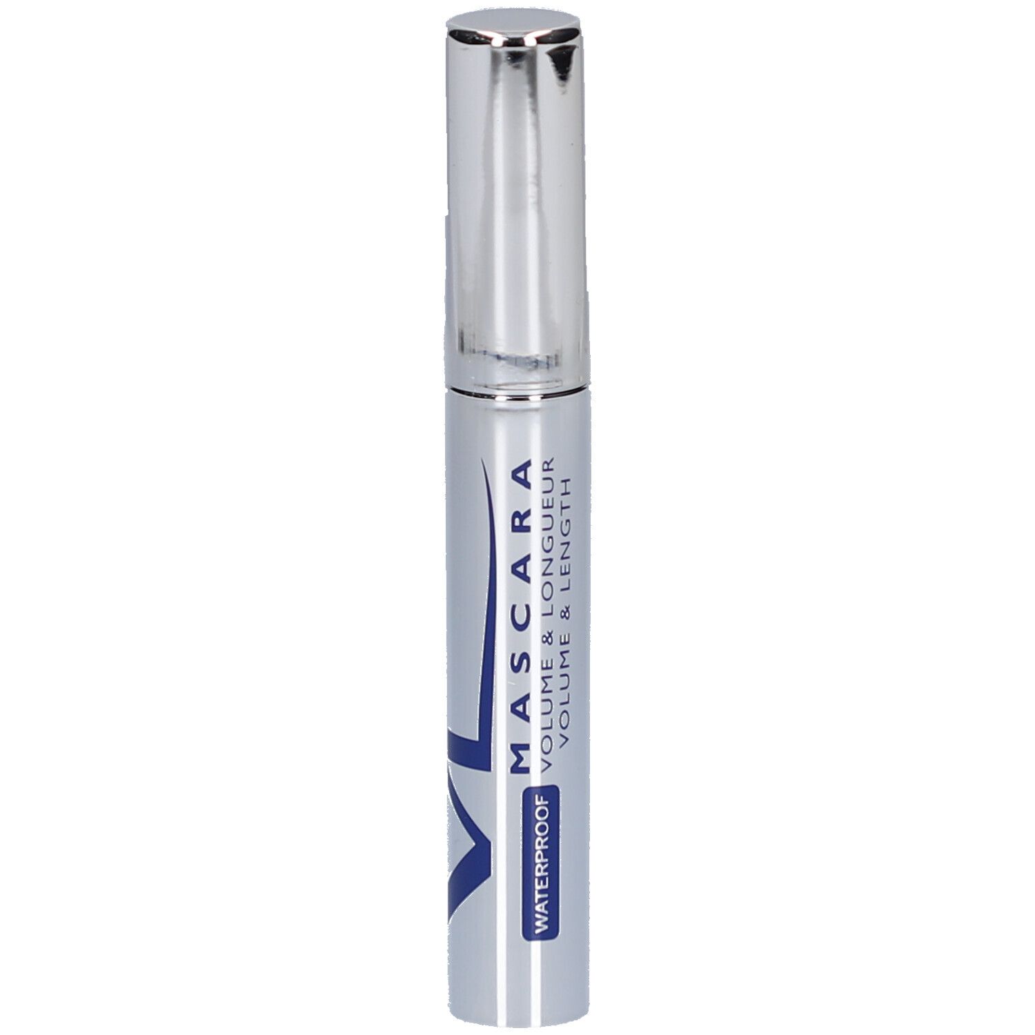 Mascara-Tube, silberfarben mit blauer Schrift. Text: MASCARA, WATERPROOF, VOLUME & LONGUEUR. Marke: VL.