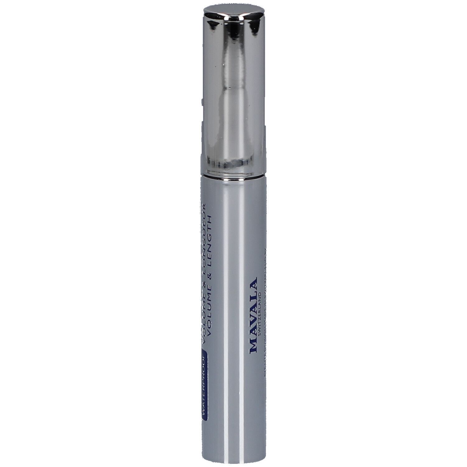 Mascara-Tube, silberfarben mit blauer Schrift. Text: MAVALA, VOLUME & LONGUEUR. Marke: VL.