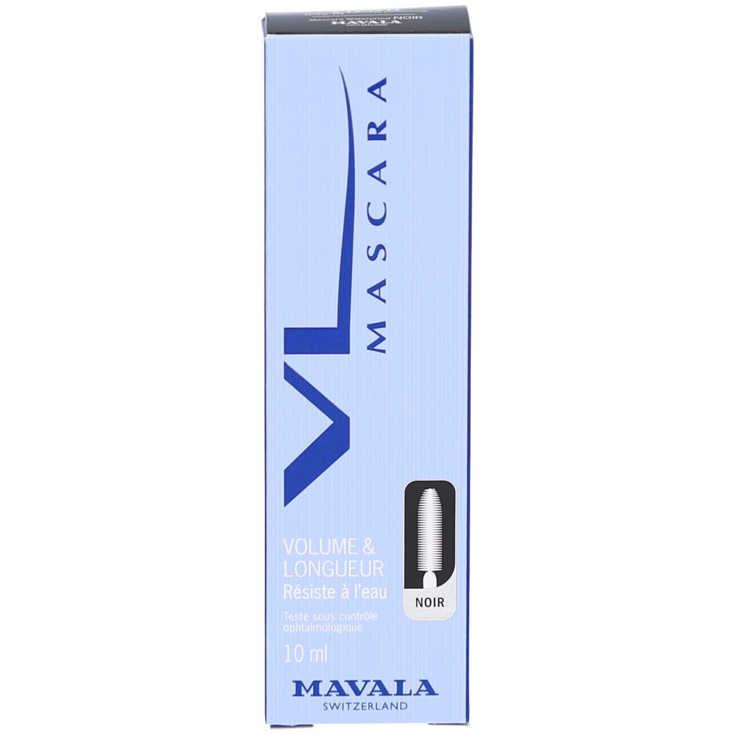 Verpackung, blau, Text: MASCARA, VOLUME & LONGUEUR, Noir. Marke: MAVALA. 10 ml.