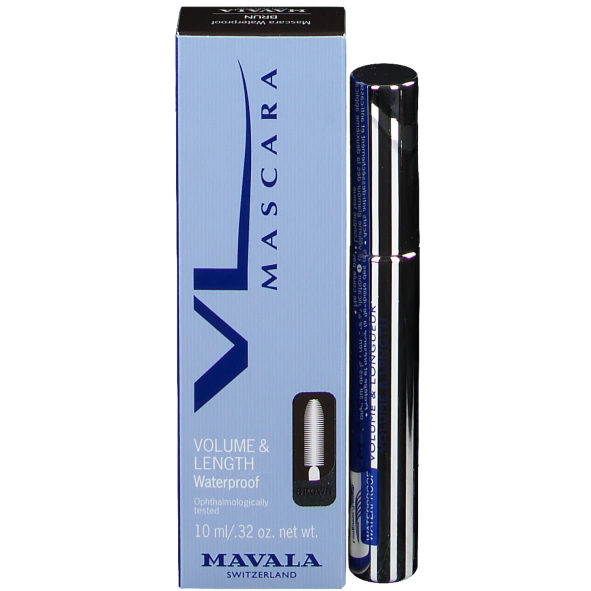 Tube de mascara et boîte. Boîte avec nom du produit, marque et informations. Tube à motifs rayés.