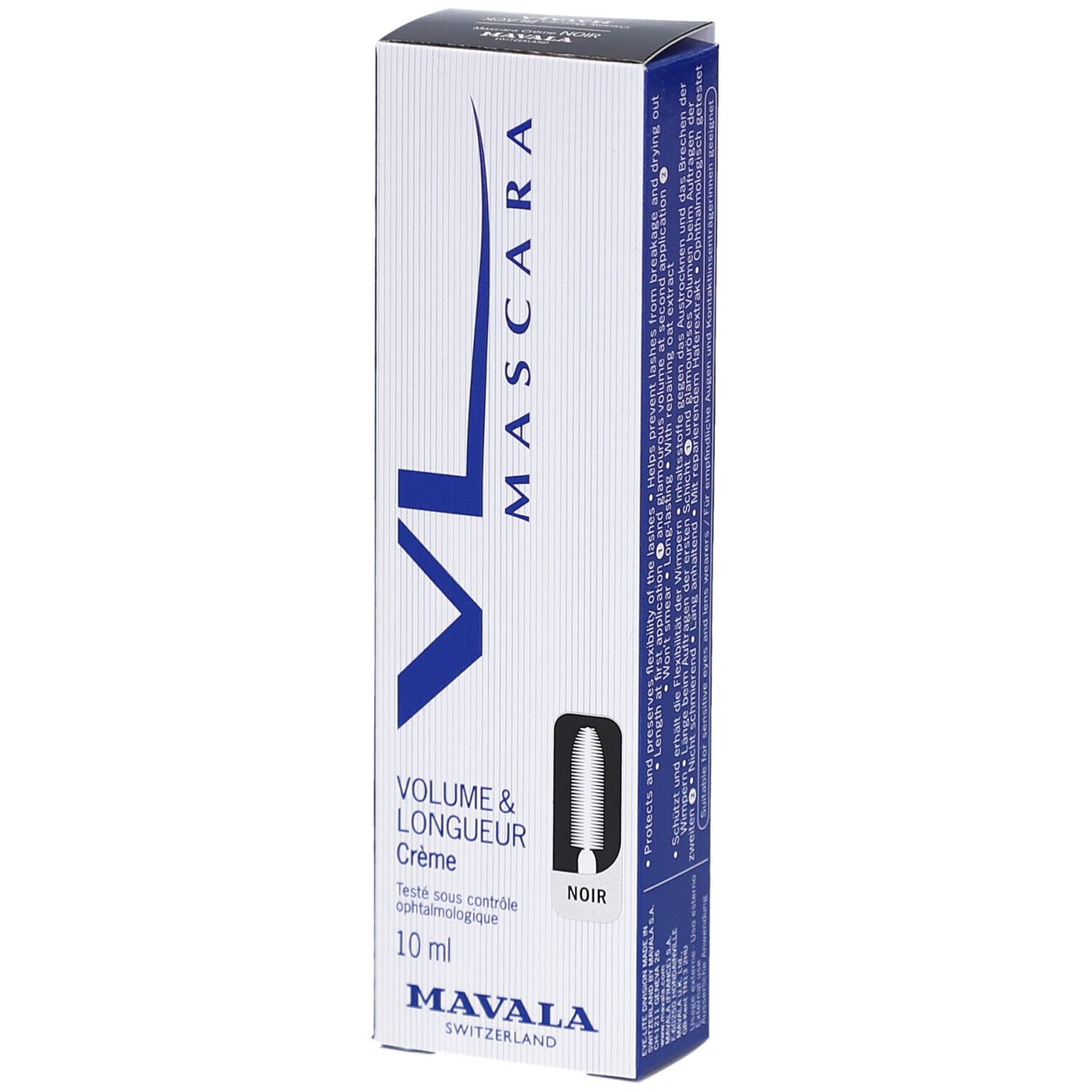 Mascara VL Crème Noir Mavala. Mascara noire dans une boîte blanche avec des accents bleus. Volume & Longueur, 10 ml.