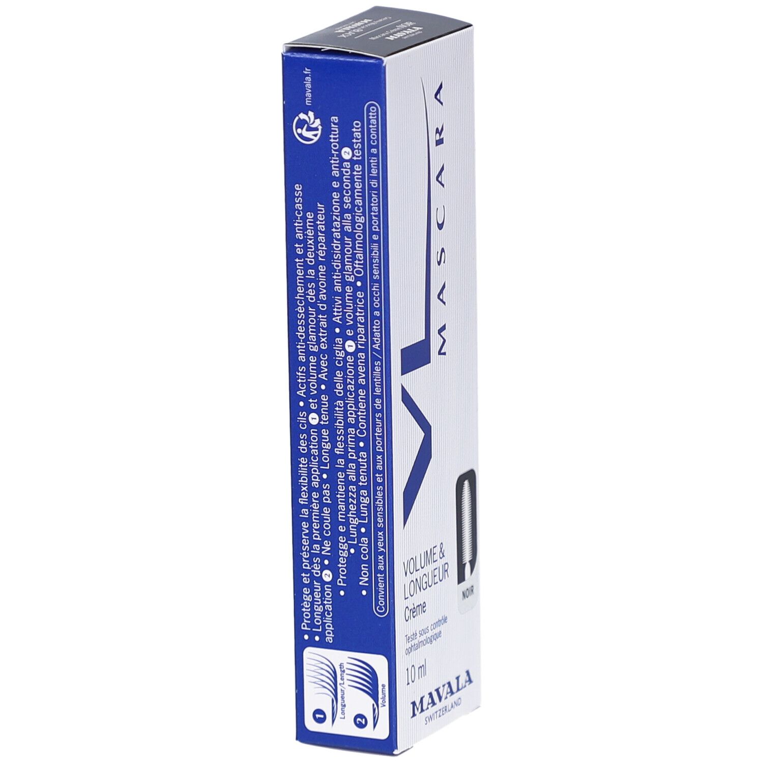 Mascara VL Crème Noir Mavala. Boîte blanche avec détails bleus et texte. Volume & Longueur, 10 ml. Testé ophtalmologiquement.