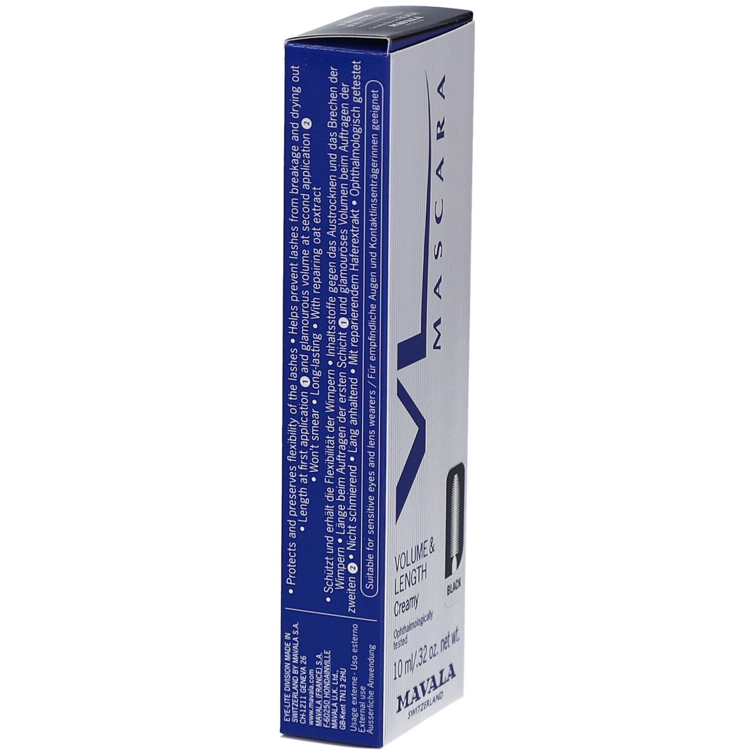 Mascara VL Black Mavala. Boîte blanche avec détails bleus et texte. Volume & Longueur, 10 ml. Testé ophtalmologiquement.