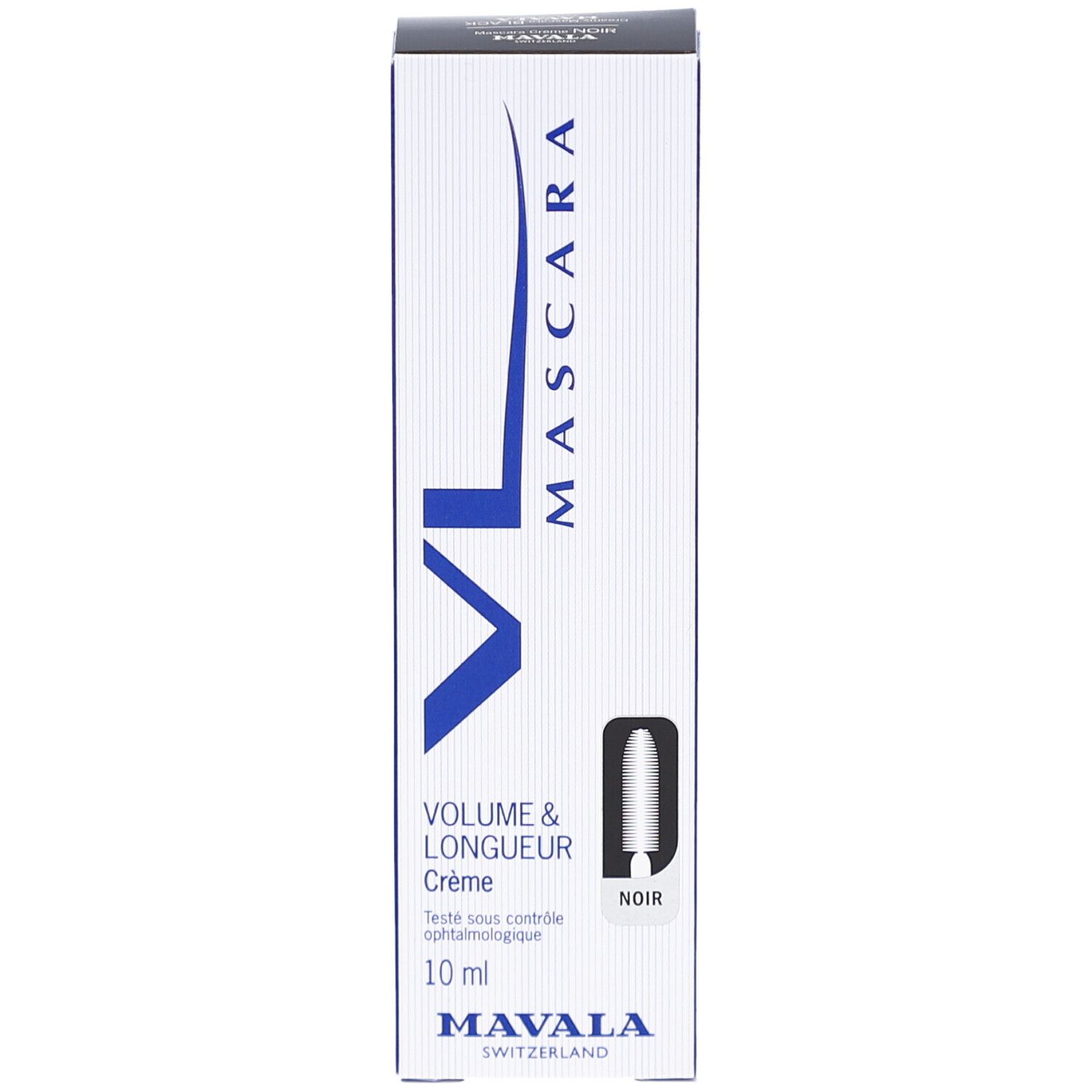Mascara VL Crème Noir Mavala. Mascara noire dans une boîte blanche avec des accents bleus. Volume & Longueur, 10 ml.