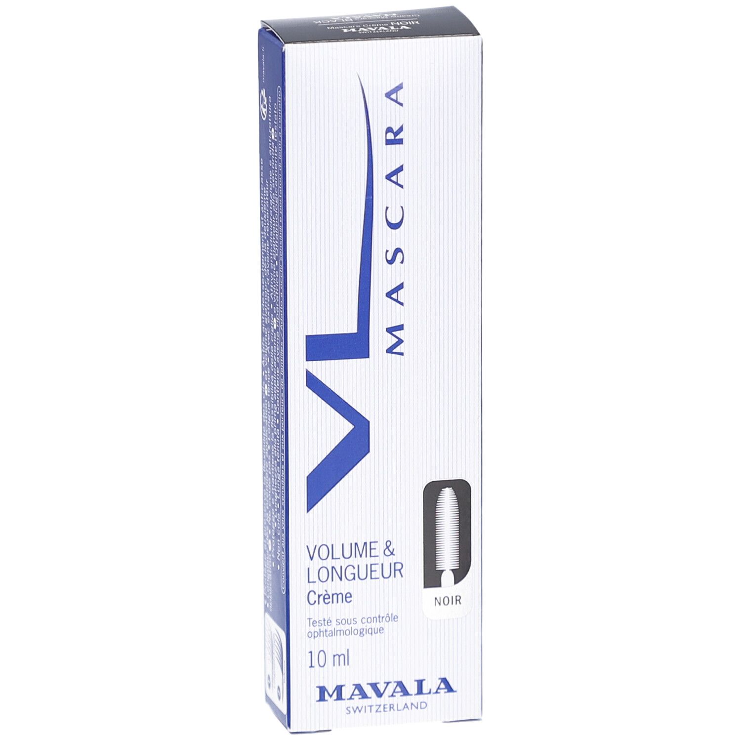 Mascara VL Crème Noir Mavala. Mascara noire dans une boîte blanche avec des accents bleus. Volume & Longueur, 10 ml.