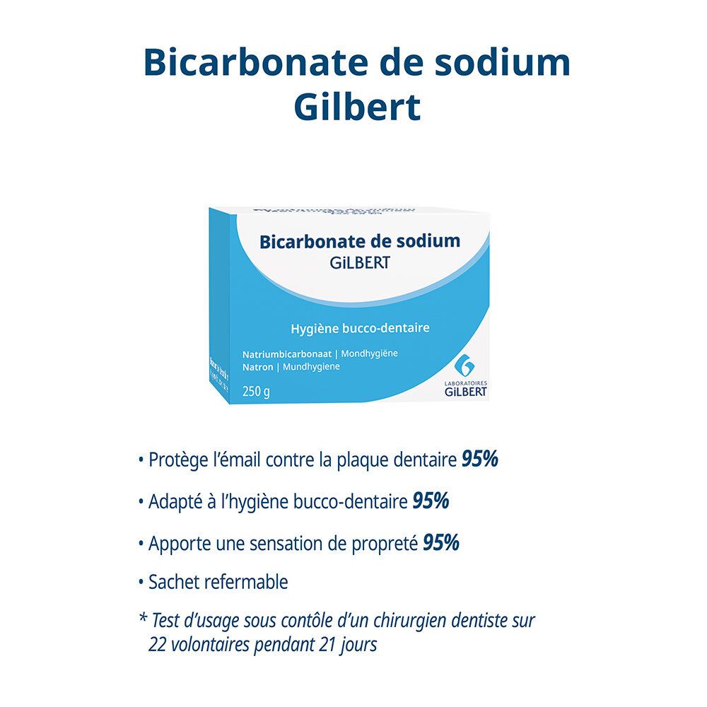 Blau-weiße Schachtel mit Aufschrift „Bicarbonate de sodium GILBERT“. Produktinformationen und Prozentangaben.