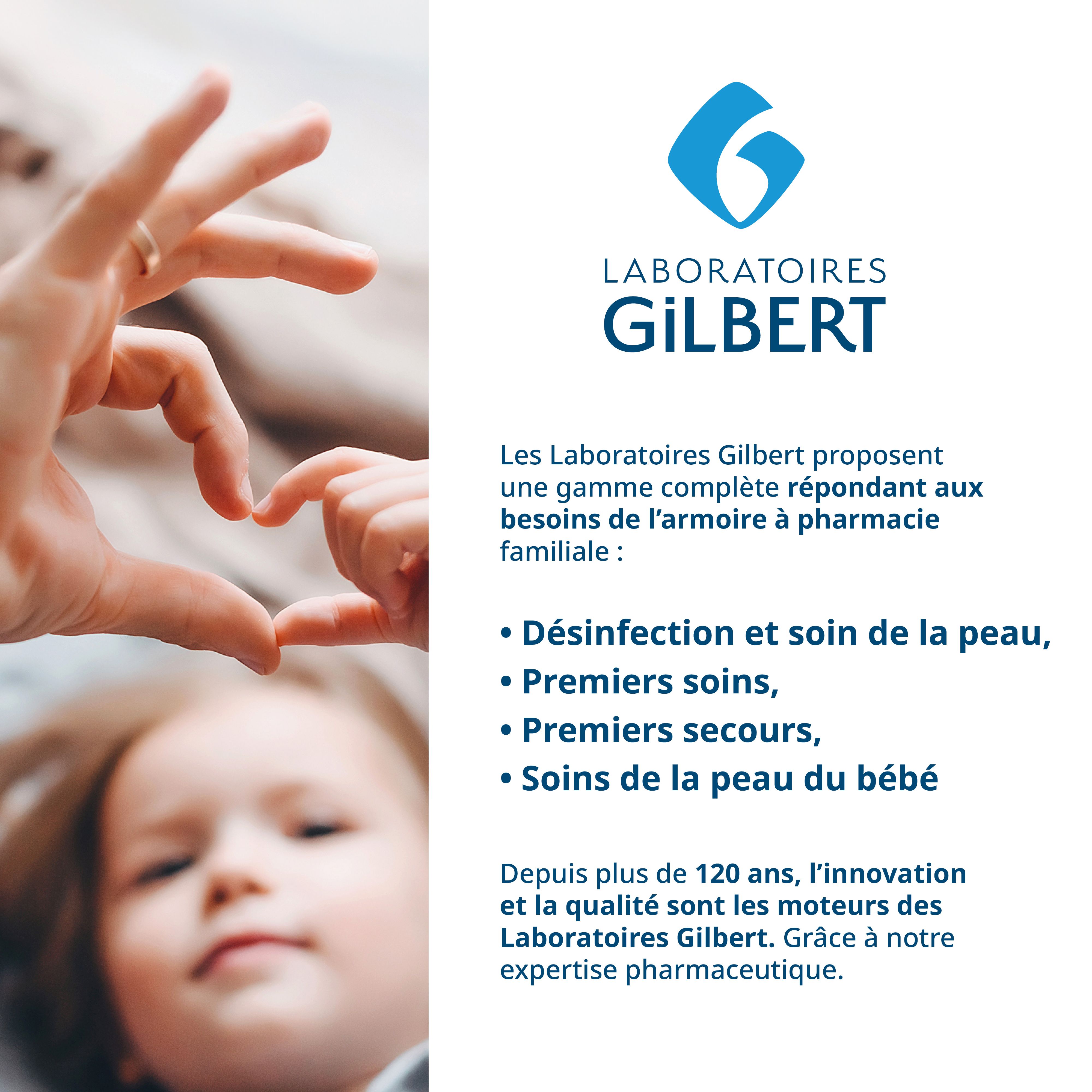 Hände formen ein Herz. Logo von Laboratoires Gilbert. Text über Hautpflege und Erste Hilfe.