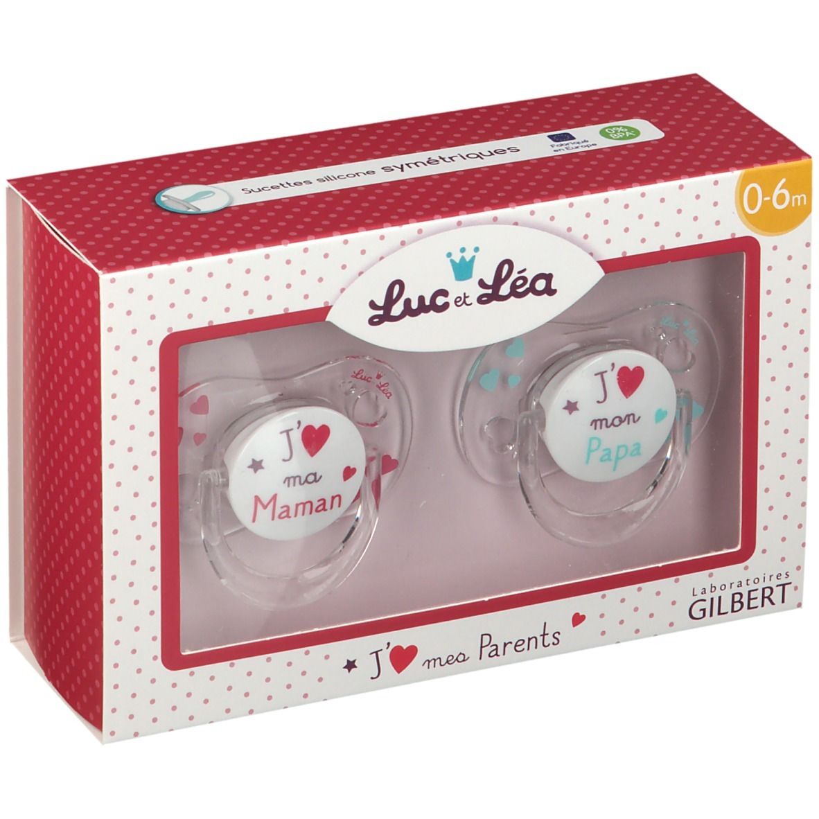 Boîte de deux sucettes symétriques. Fenêtre montrant les sucettes imprimées. Marque Luc et Léa. Inscription "J'aime mes Parents".