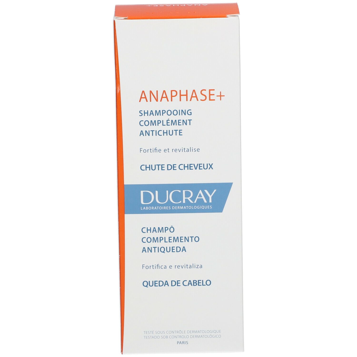 Kartonverpackung. Aufschrift: ANAPHASE+ Shampoo, Ducray. Produkt gegen Haarausfall. Rückseite mit Text.