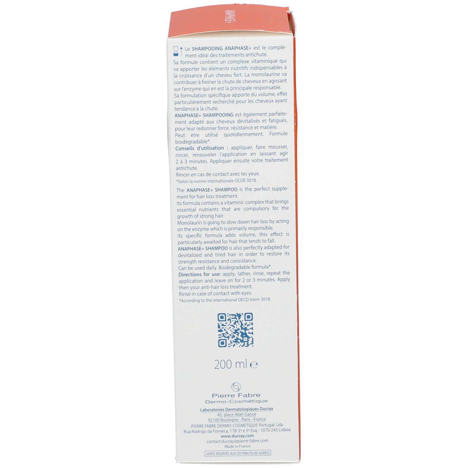 Rückseite der Kartonverpackung. Text in mehreren Sprachen. Enthält Informationen zum Produkt und Hersteller. Volumen: 200 ml.
