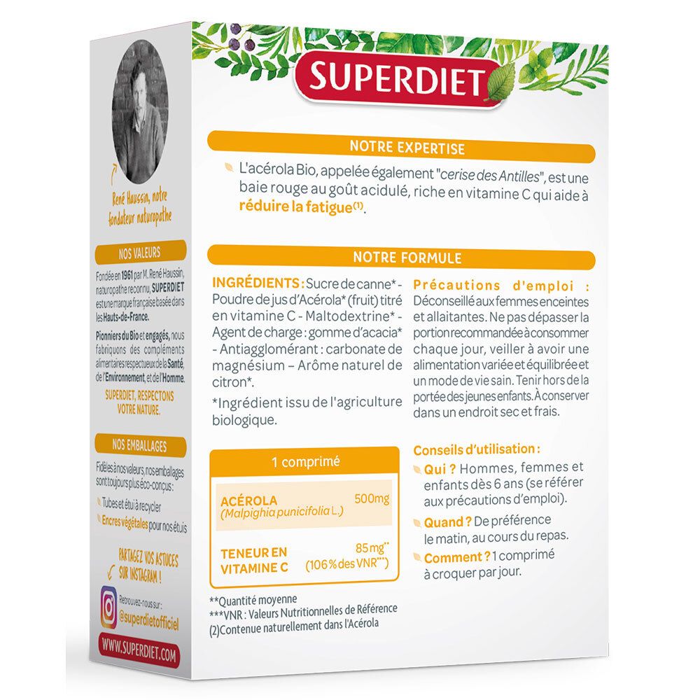 SuperDiet Acerola Kapseln mit Vitamin C. Zutatenliste und Dosierungshinweise auf der Verpackung.