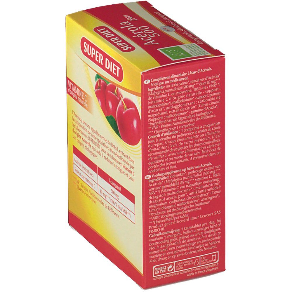 Seitenansicht der Acerola 500 Bio Verpackung mit detaillierten Inhaltsstoffen und Anwendung.