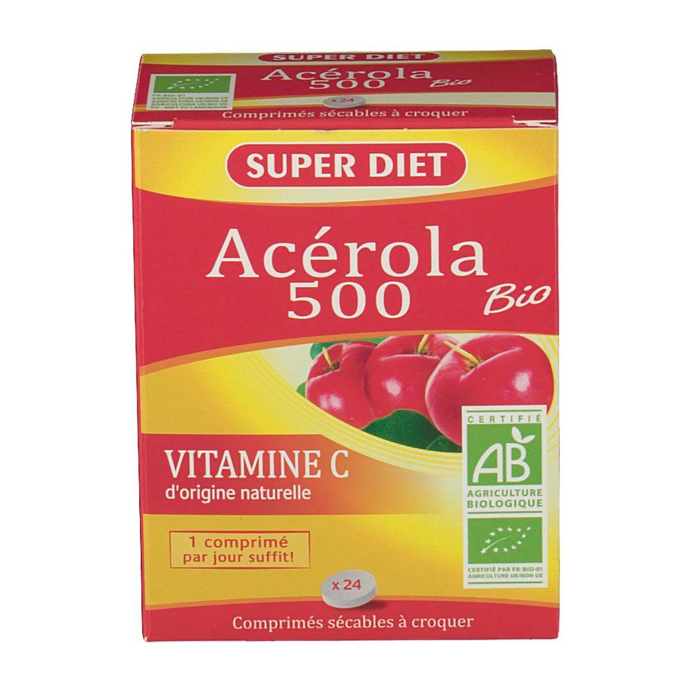 Verpackung von Acerola 500 Bio, 24 Kautabletten. Enthält Vitamin C aus natürlicher Quelle.