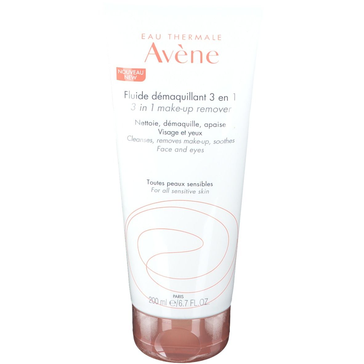 Tube blanc avec bouchon rose. Inscription: Eau Thermale Avène, Flui démaquillant 3 en 1. Pour toutes peaux sensibles.