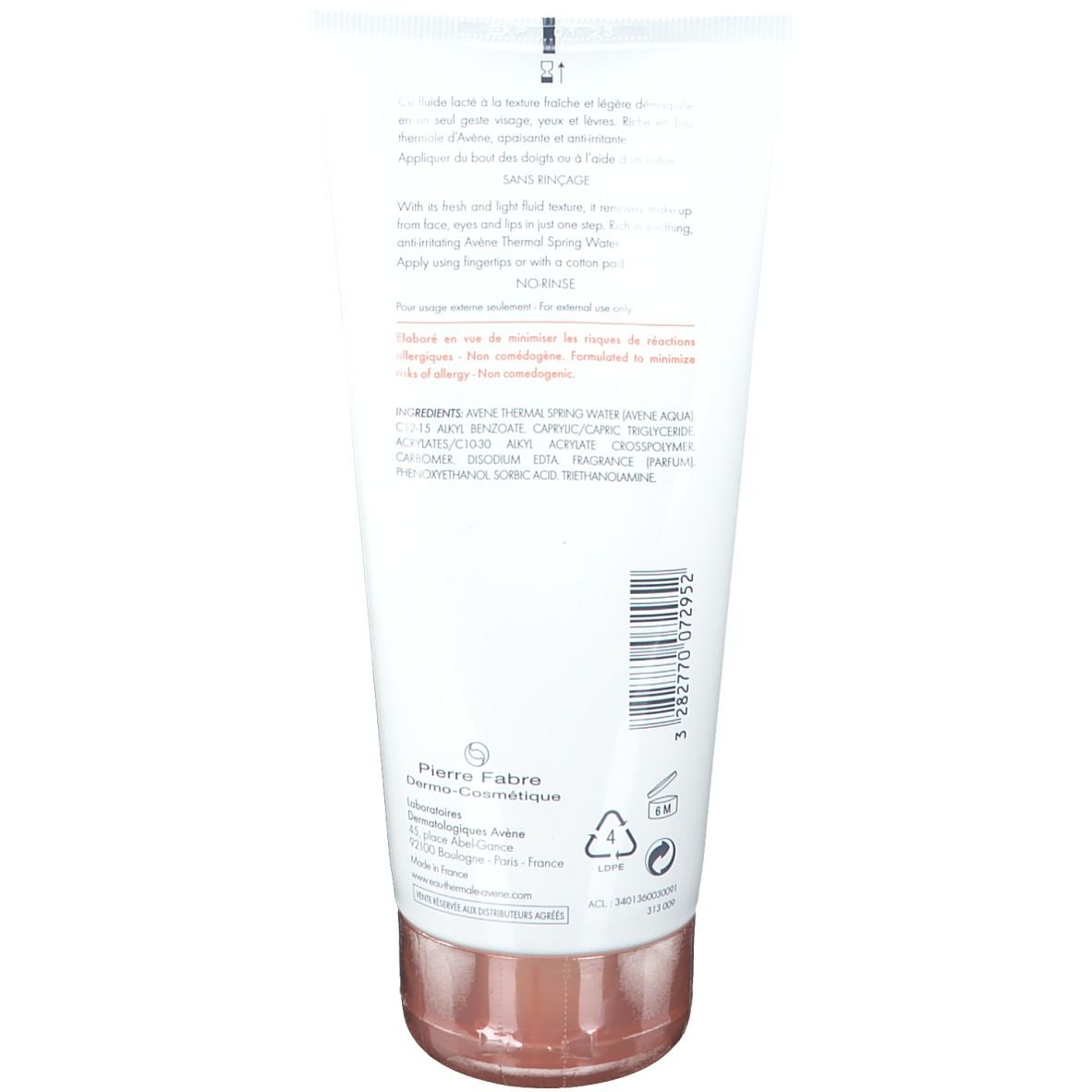 Dos du tube blanc avec bouchon rose. Texte multilingue. Fabricant: Pierre Fabre.