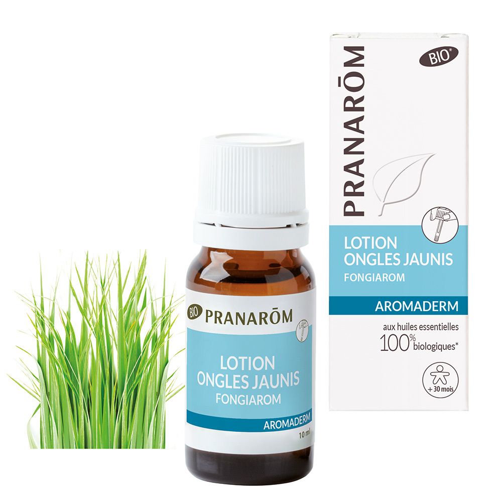 Pranarom Aromaderm Lotion für gelbe Nägel, 10 ml Fläschchen mit Karton und Gras.