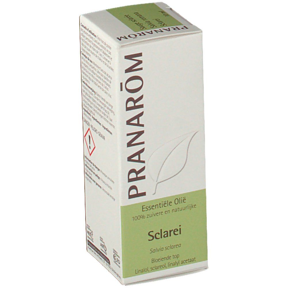 Boîte en carton. Inscriptions: PRANAROM, Essentiele Olie, Sclarei, 100% zuivere en natuurlijke. Logo feuille. Couleurs vert et blanc.