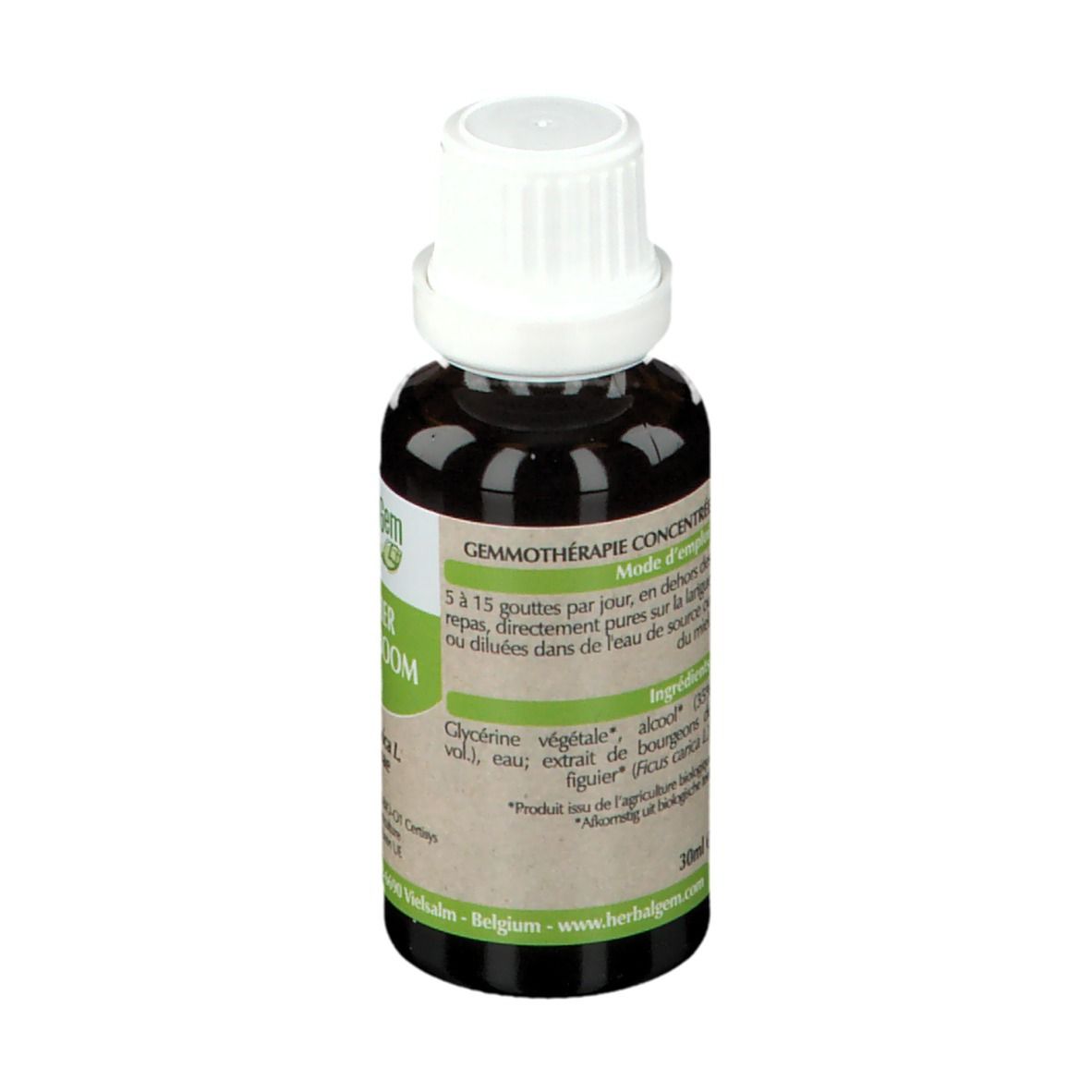 Braune Glasflasche mit weißem Verschluss. Etikett mit Produktinformationen. HerbalGem.