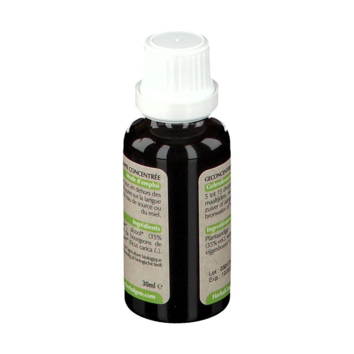 Braune Glasflasche mit weißem Verschluss. Etikett mit Produktinformationen. HerbalGem.