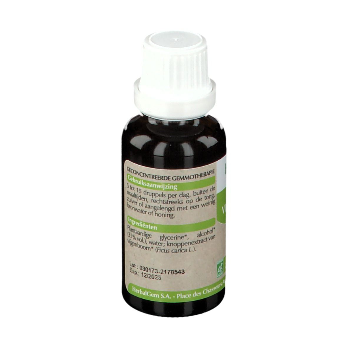 Braune Glasflasche mit weißem Verschluss. Etikett mit Produktinformationen. HerbalGem.