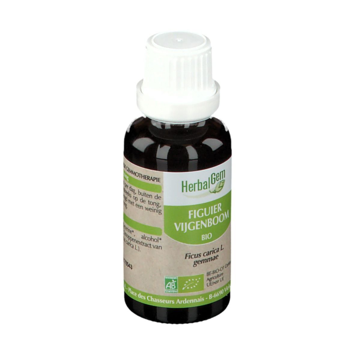Braune Glasflasche mit weißem Verschluss. Etikett mit Produktnamen und Bio-Siegel. HerbalGem.