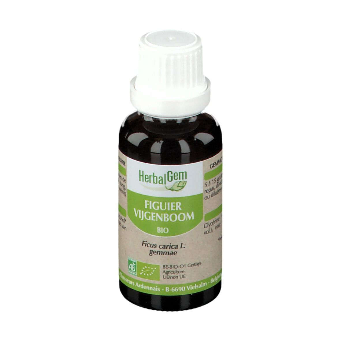 Braune Glasflasche mit weißem Verschluss. Etikett mit Produktnamen und Bio-Siegel. HerbalGem.