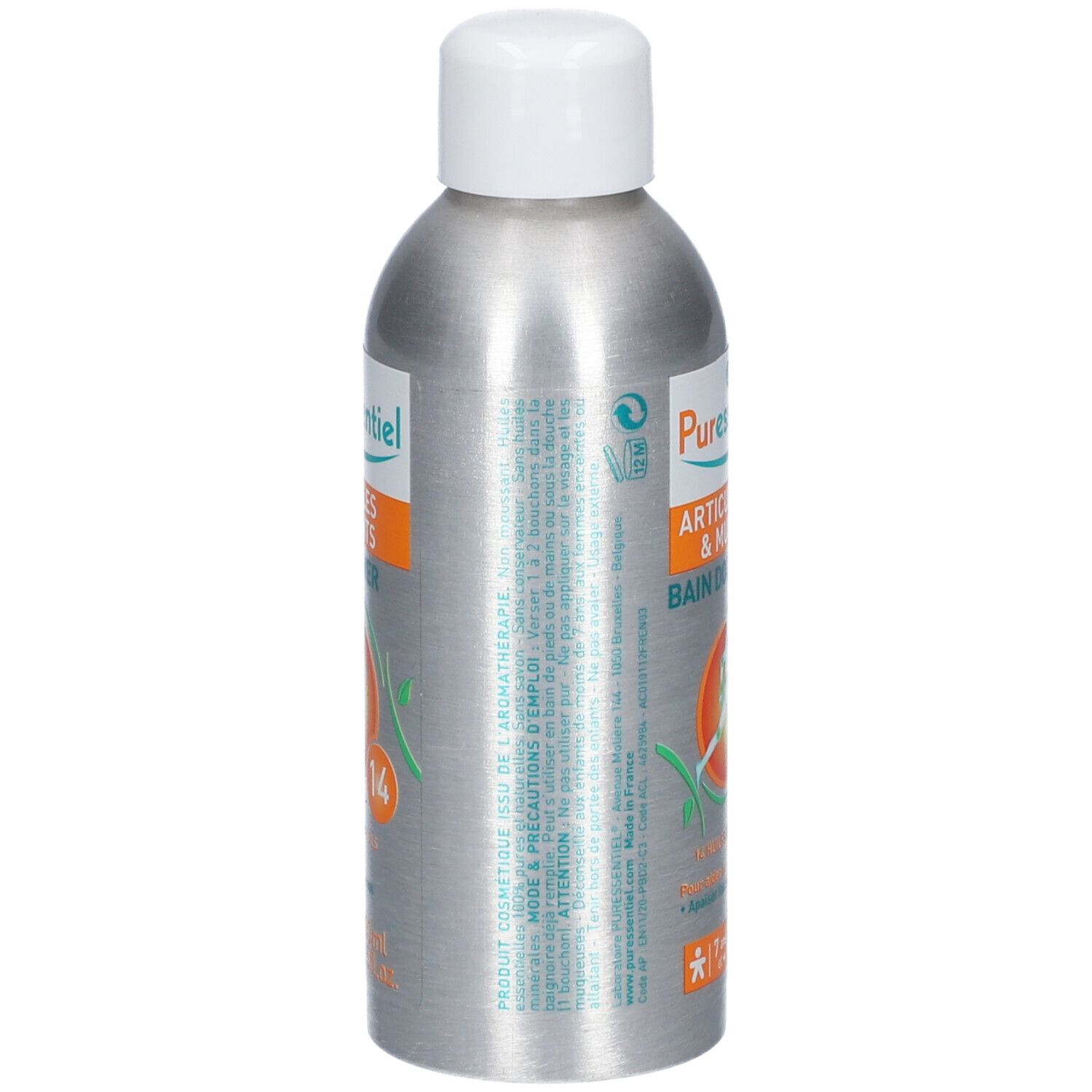 Flacon argenté avec bouchon blanc. Inscription: Articulations & Muscles Bain Douche. Étiquette orange avec illustration.