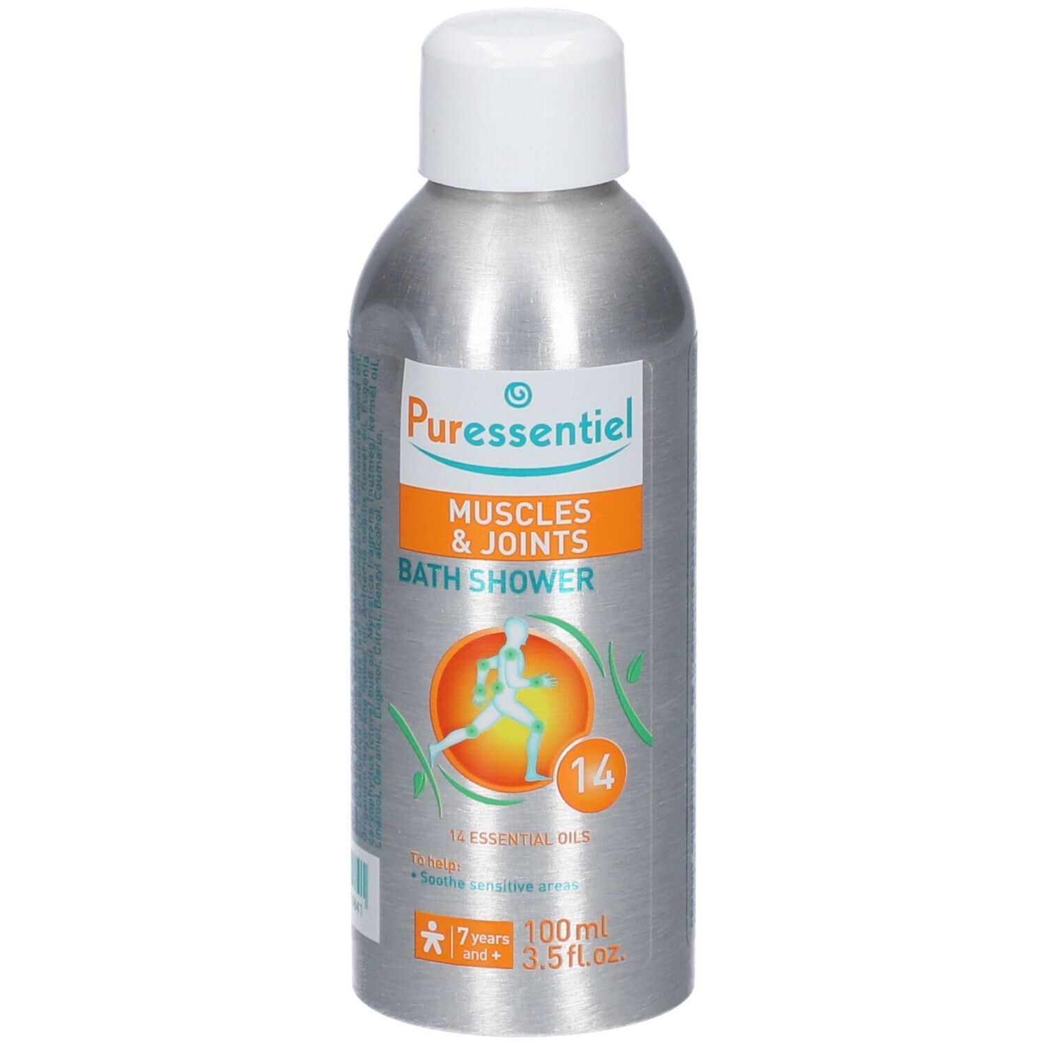 Flacon argenté avec bouchon blanc. Inscription: Muscles & Joints Bath Shower. Étiquette orange avec illustration.