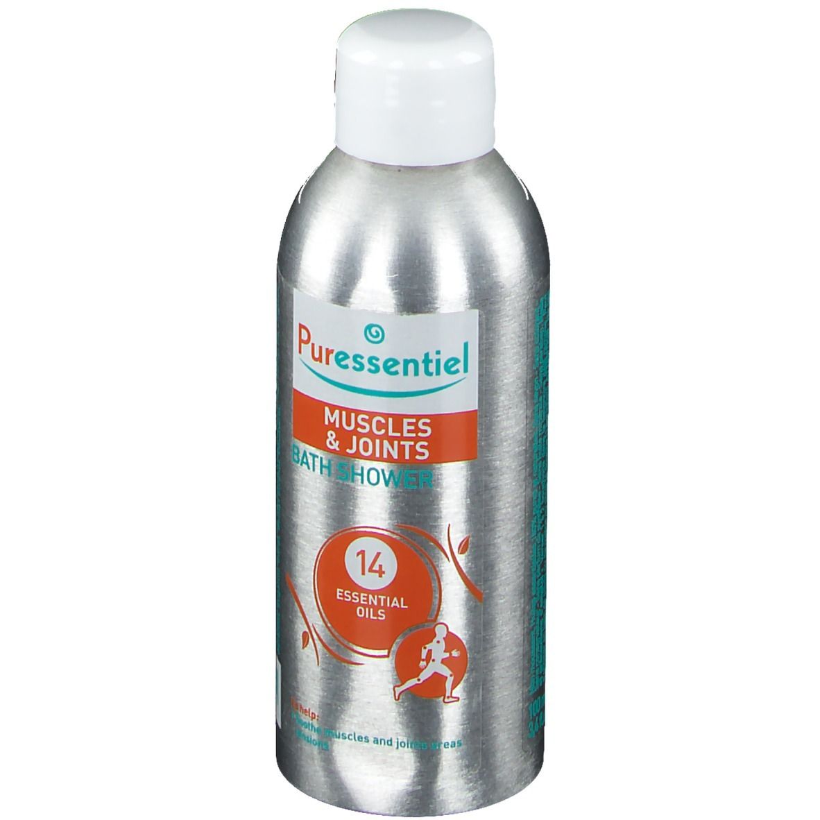 Flacon argenté avec bouchon blanc. Inscription: Articulations & Muscles Bain Douche. Étiquette orange avec illustration.