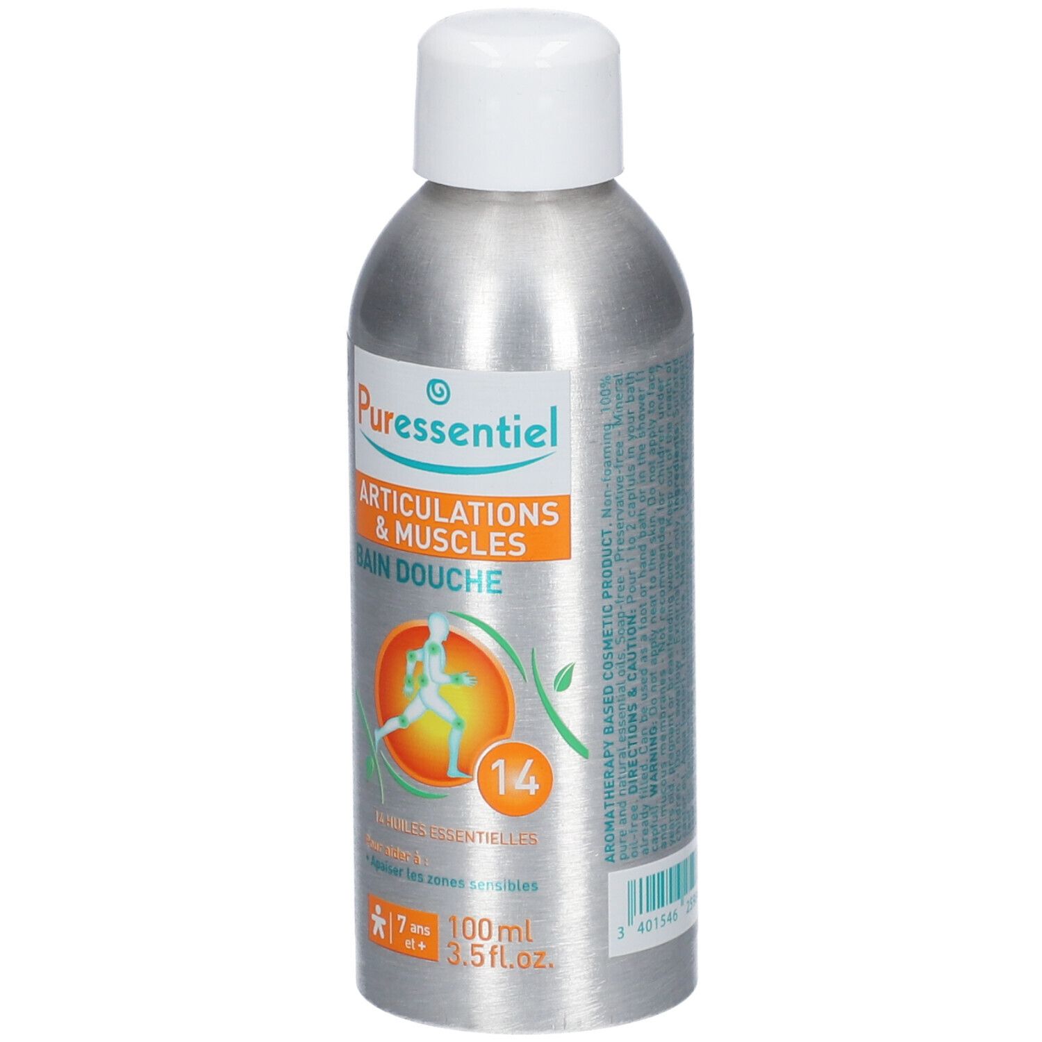 Flacon argenté avec bouchon blanc. Inscription: Articulations & Muscles Bain Douche. Étiquette orange avec illustration.