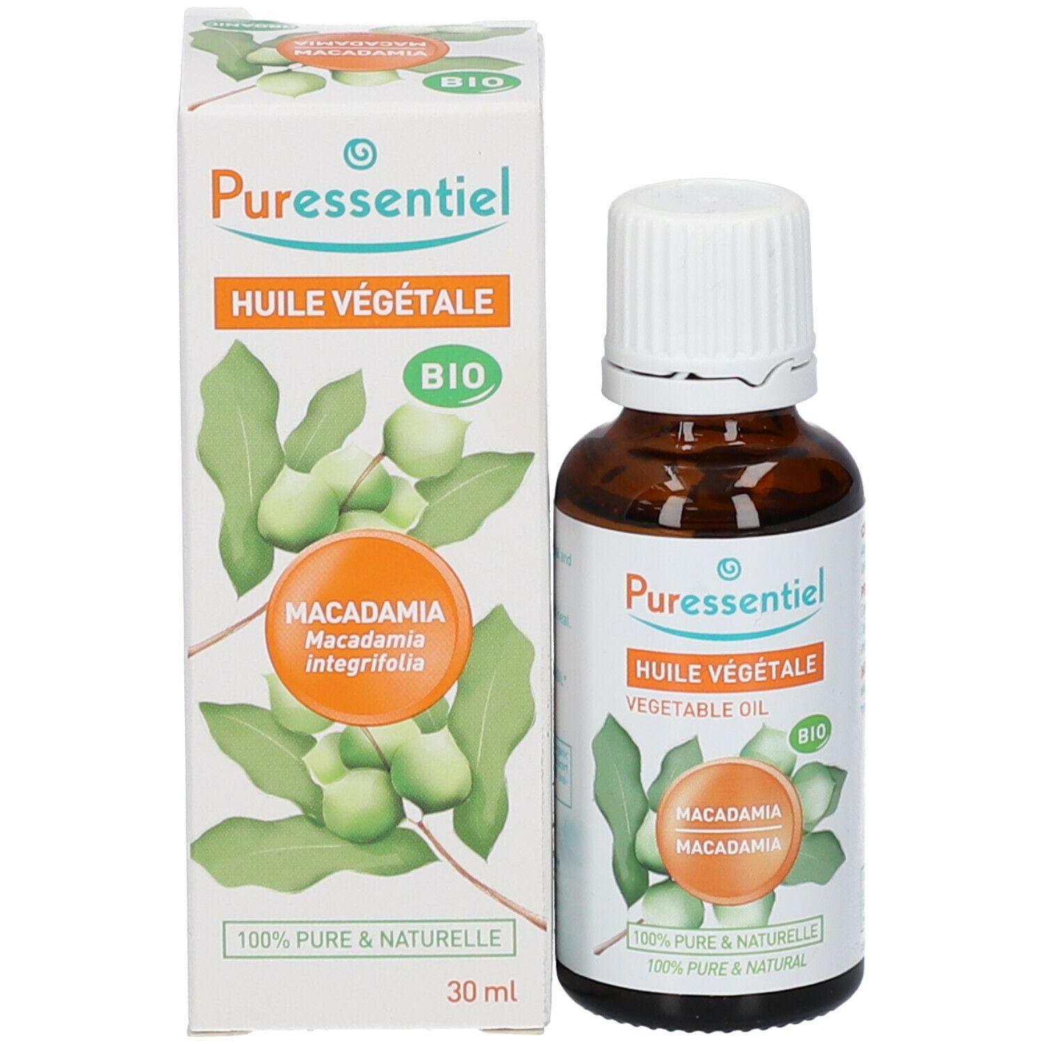 Produktflasche und Verpackung. Flasche mit weißem Verschluss, Verpackung mit Produktnamen und Bio-Siegel.