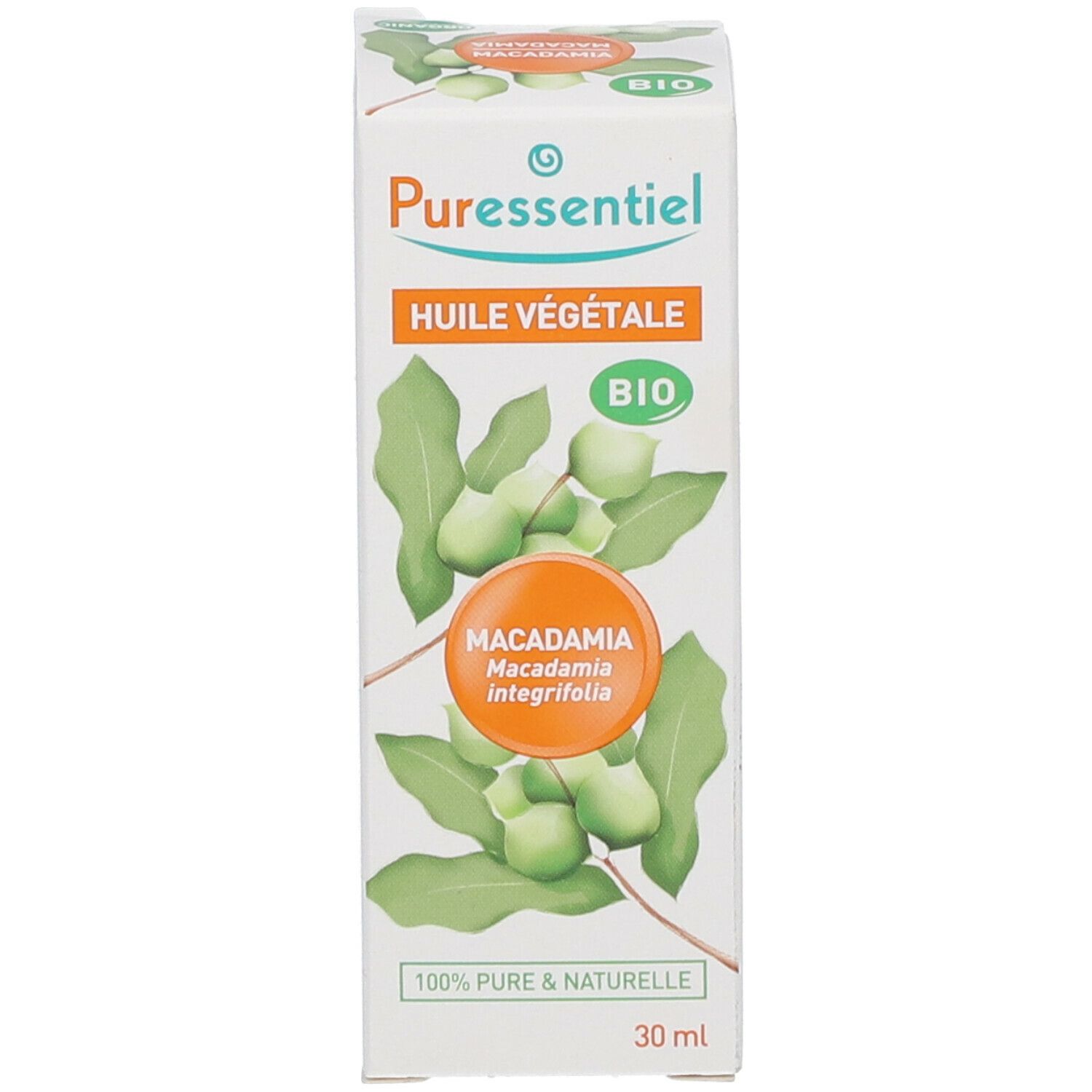 Produktverpackung. Weißer Karton mit Produktnamen, Bio-Siegel und Abbildung von Macadamia.