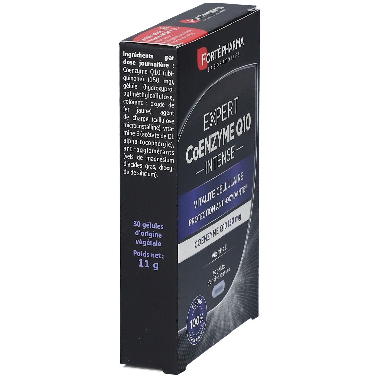 Schachtel Forté Pharma Expert CoEnzym Q10 Intense. Seitenansicht. Enthält 30 Kapseln. Schwarzer Hintergrund.