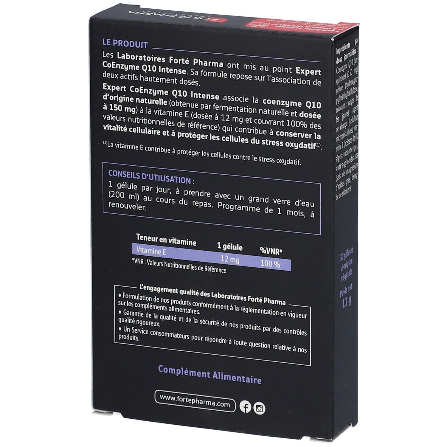 Rückseite der Schachtel Forté Pharma Expert CoEnzym Q10 Intense. Enthält Informationen zu Inhaltsstoffen und Anwendung.