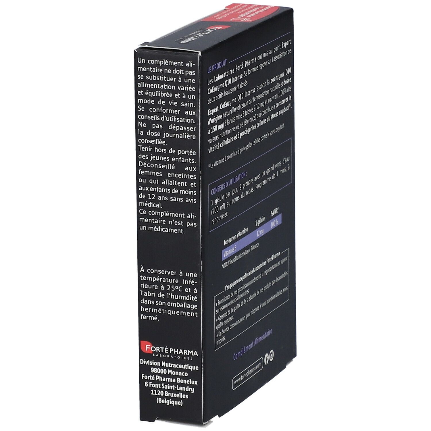 Schachtel Forté Pharma Expert CoEnzym Q10 Intense. Seitenansicht mit Text. Enthält Informationen zu Inhaltsstoffen und Anwendung.