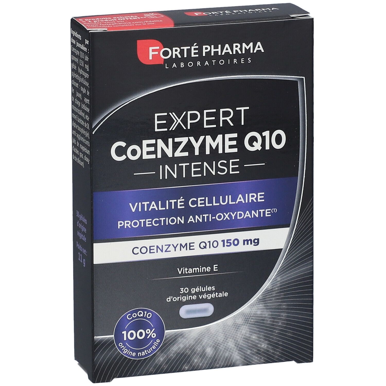 Schachtel mit Forté Pharma Expert CoEnzym Q10 Intense. Enthält 30 Kapseln. Blaue und weiße Schrift auf schwarzem Hintergrund.