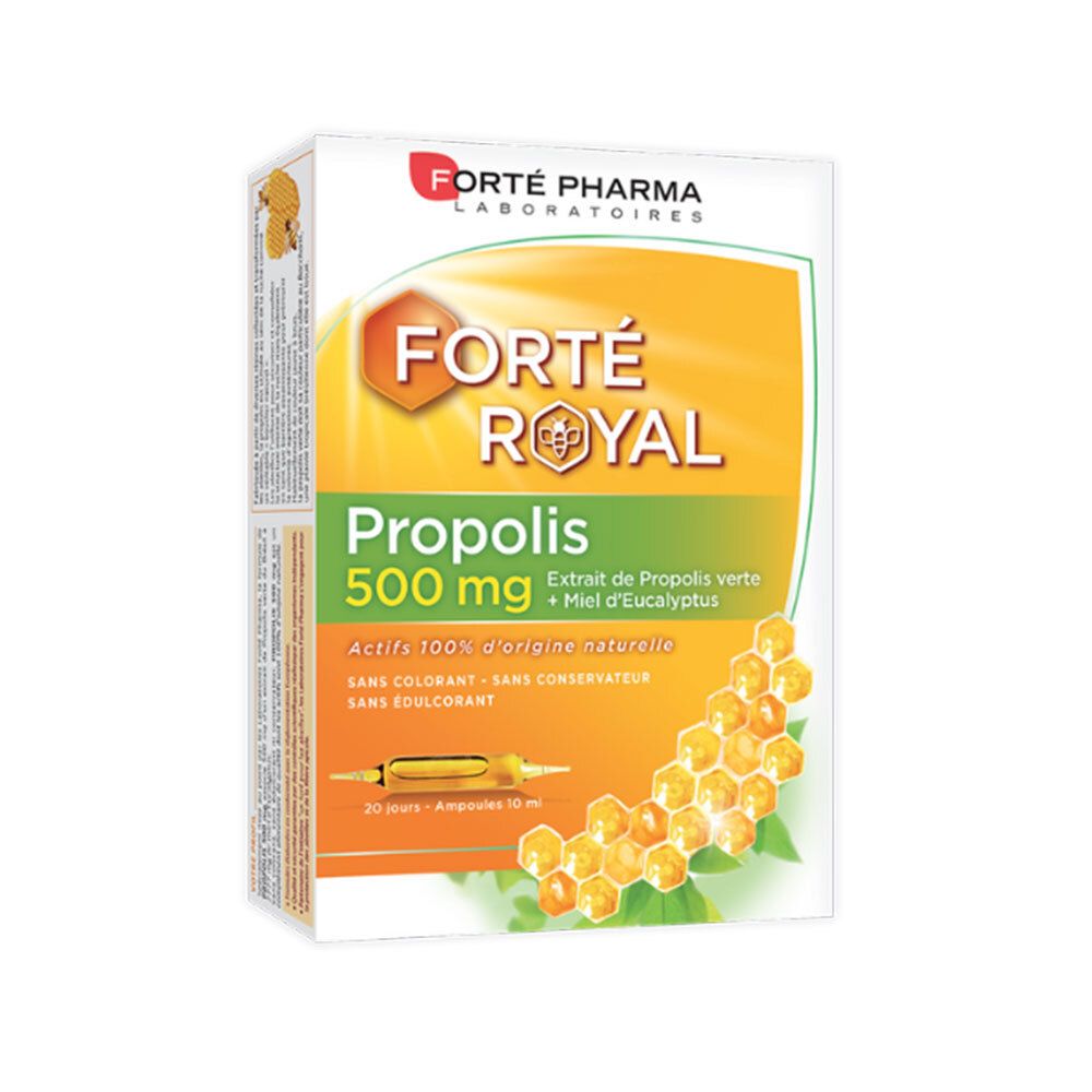Schachtel mit Propolis 500 mg. Enthält 20 Ampullen. Marke: Forté Pharma. Aufschrift: Propolis, 500 mg, Extrait de Propolis verte + Miel d'Eucalyptus.