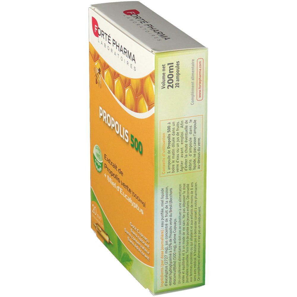 Seitenansicht der Propolis 500 mg Schachtel. Enthält 20 Ampullen. Marke: Forté Pharma. Aufschrift: Propolis, 500 mg, Extrait de Propolis verte.