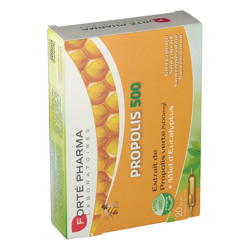 Propolis 500 mg Schachtel. Enthält 20 Ampullen. Marke: Forté Pharma. Aufschrift: Propolis, 500 mg, Extrait de Propolis verte + Miel d'Eucalyptus.