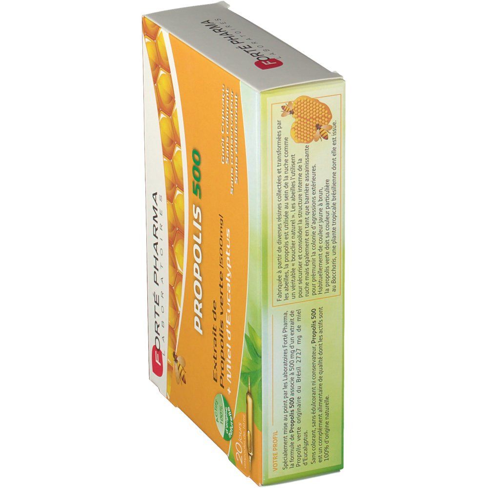 Seitenansicht der Propolis 500 mg Schachtel. Enthält 20 Ampullen. Marke: Forté Pharma. Aufschrift: Propolis, 500 mg, Extrait de Propolis verte.