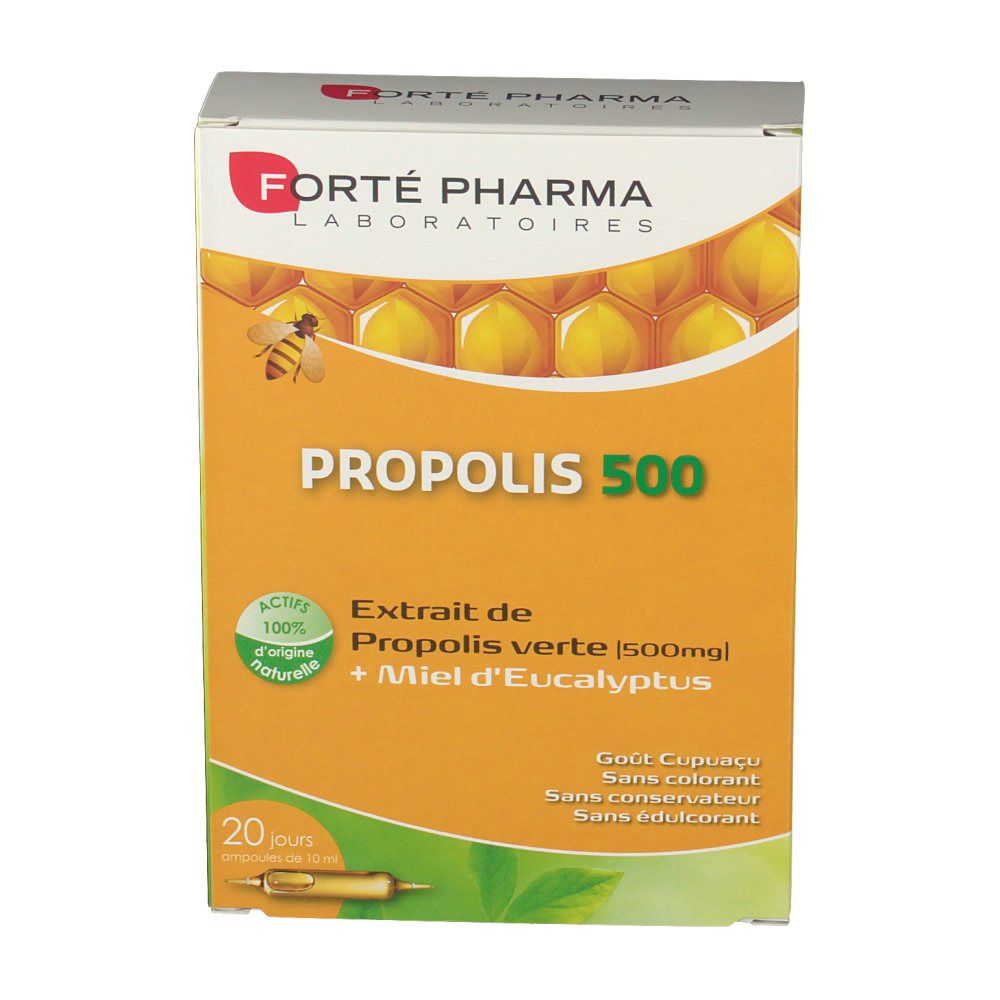 Propolis 500 mg Schachtel. Enthält 20 Ampullen. Marke: Forté Pharma. Aufschrift: Propolis 500, Extrait de Propolis verte + Miel d'Eucalyptus.